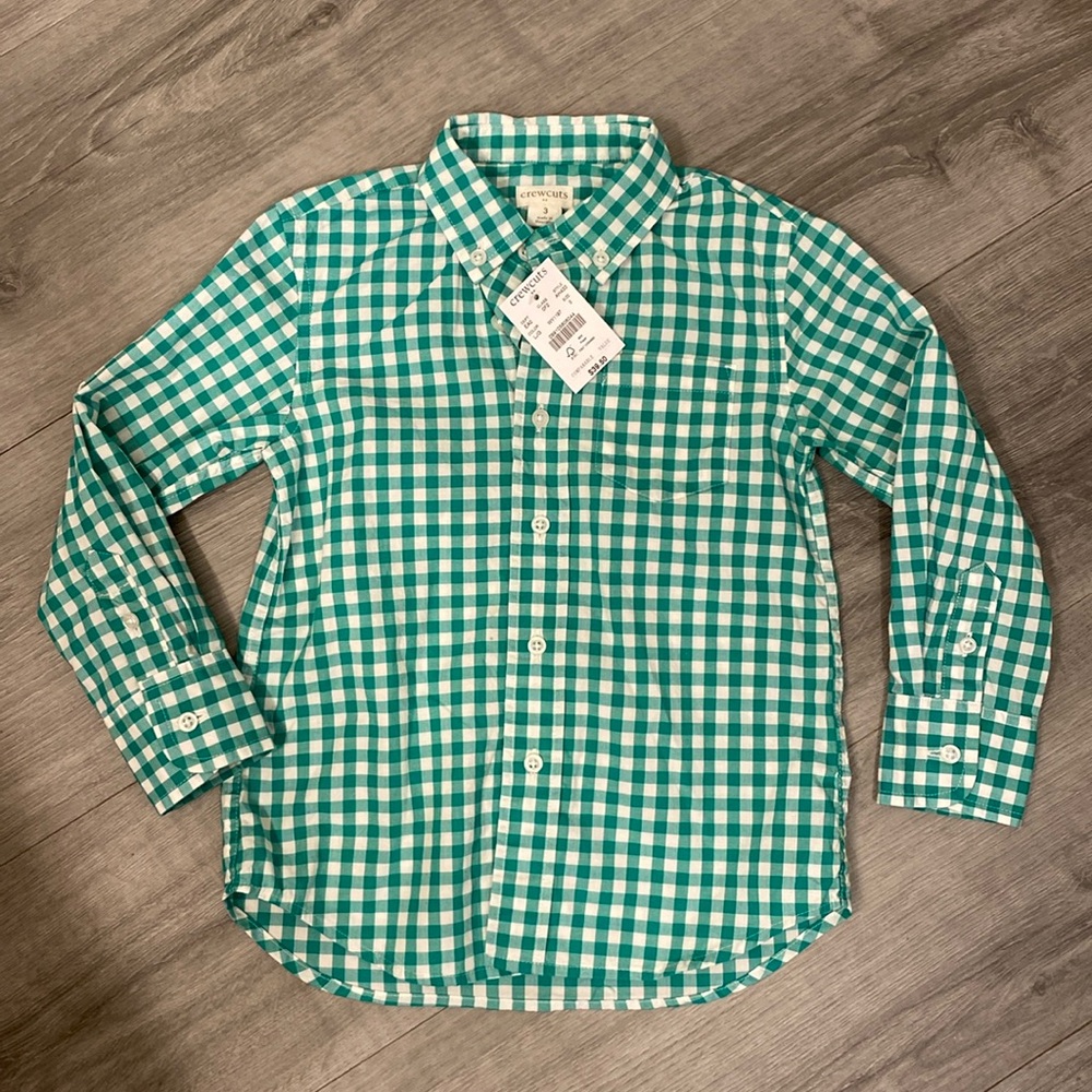 NWT Crewcuts Toddler Boys Size 3 Green Gingham Button Down